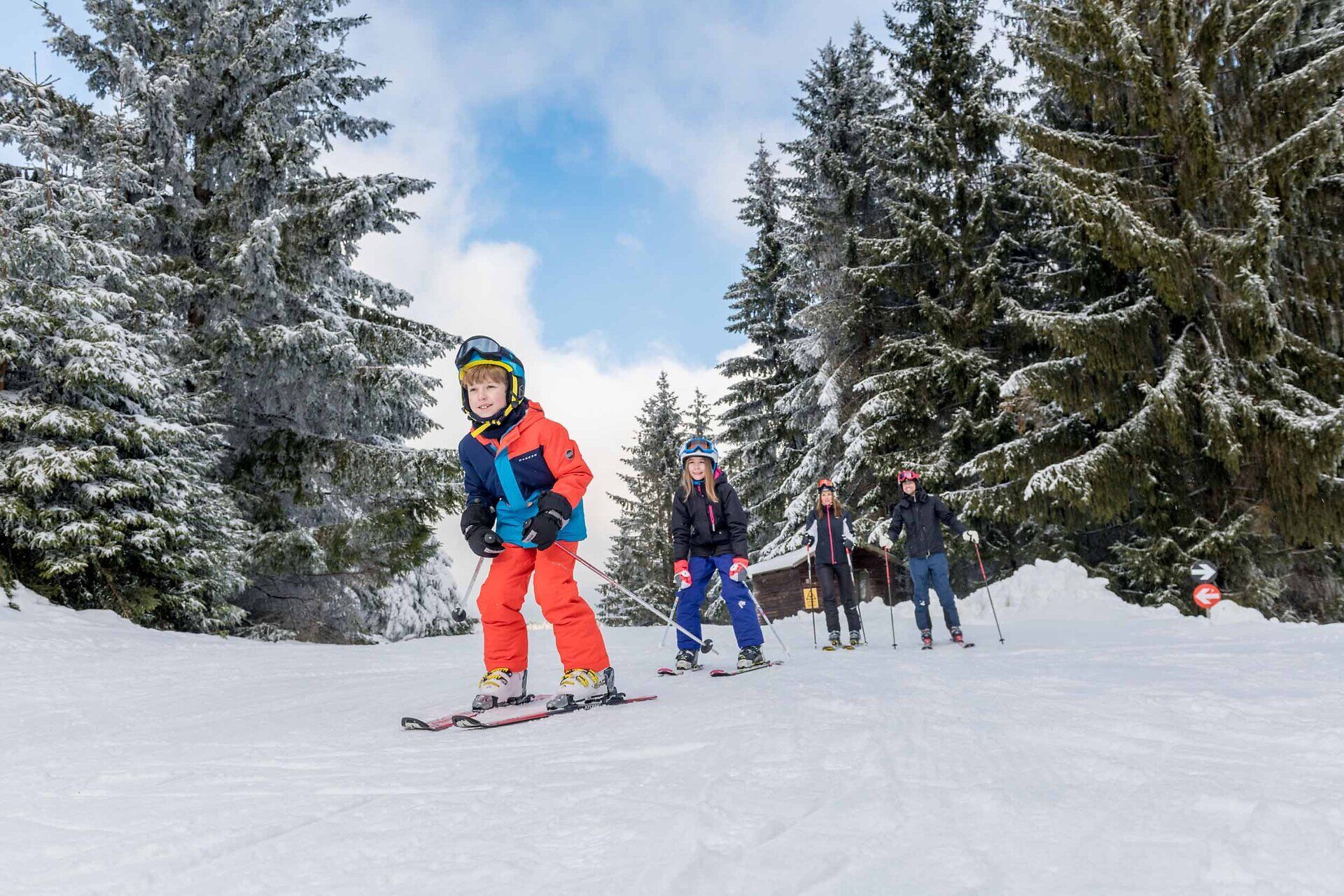 Die strahlende Wintersonne taucht die verschneite Landschaft in ein warmes Licht, während eine Familie fröhlich die Pisten hinuntergleitet. Umgeben von majestätischen Tannen und der frischen Bergluft, erleben die Skifahrer unvergessliche Momente voller Freude und Abenteuer.