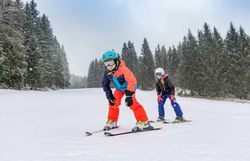 Zwei fröhliche Kinder gleiten mit Begeisterung über die schneebedeckten Pisten, umgeben von majestätischen Tannen. Der Winterzauber in Karlstift lädt dazu ein, die frische Bergluft zu genießen und unvergessliche Momente im Schnee zu erleben.