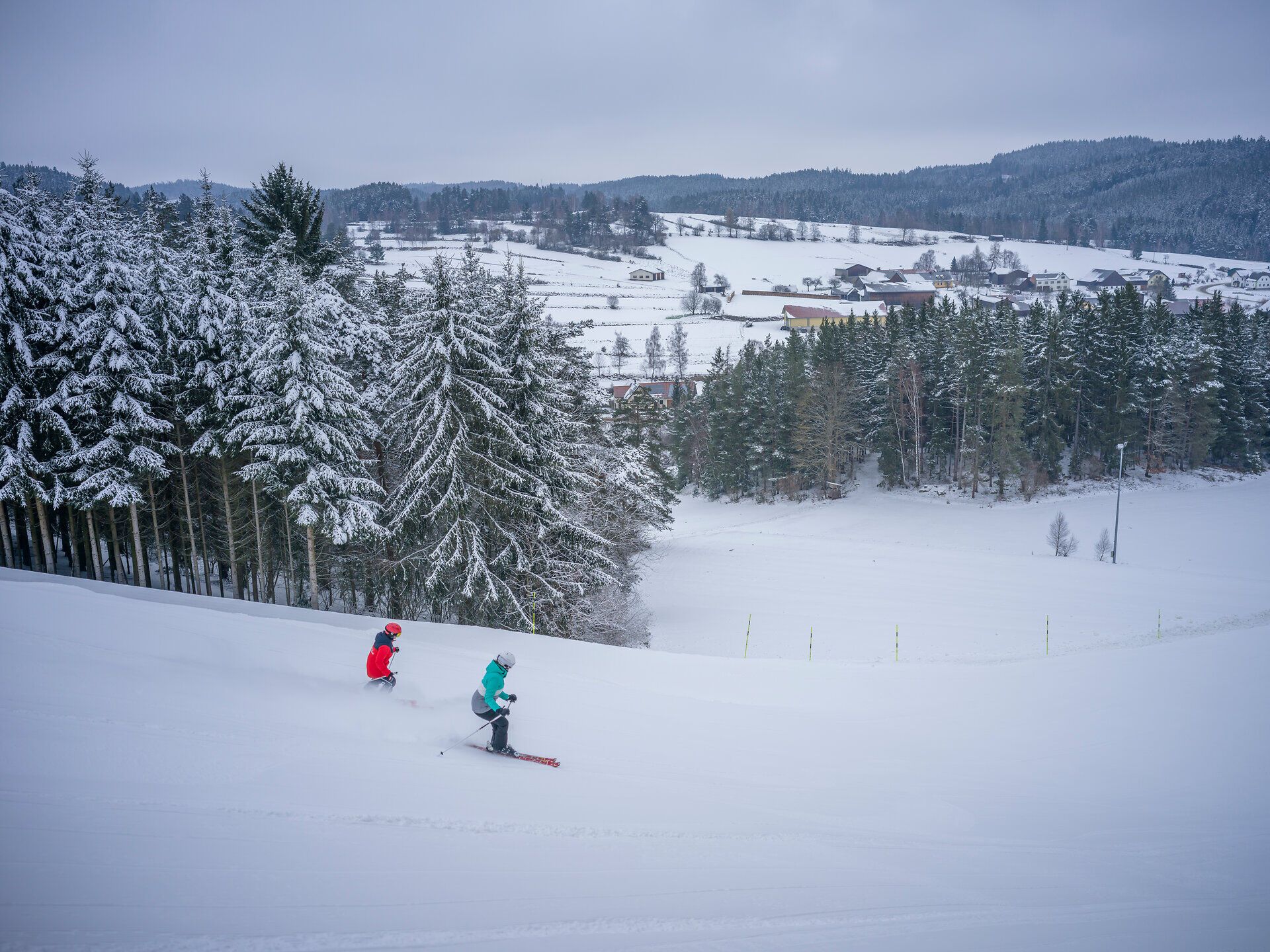 Die sanften Hänge des Winters laden zu einem unvergesslichen Skierlebnis ein. Zwei begeisterte Skifahrer gleiten durch den frischen, glitzernden Schnee, während die schneebedeckten Bäume eine malerische Kulisse bieten. Hier im Waldviertel wird der Winter zum Abenteuer für Groß und Klein.