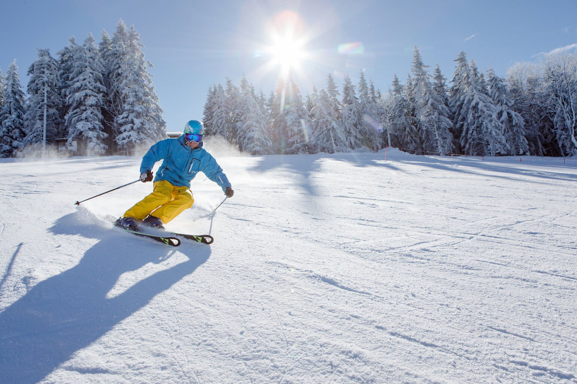 Die strahlende Wintersonne glitzert auf der frisch verschneiten Piste, während ein Skifahrer elegant die Abfahrt hinuntergleitet. Umgeben von majestätischen, schneebedeckten Tannen bietet dieser Ort ein wahres Winterparadies für Skifans und Naturliebhaber.