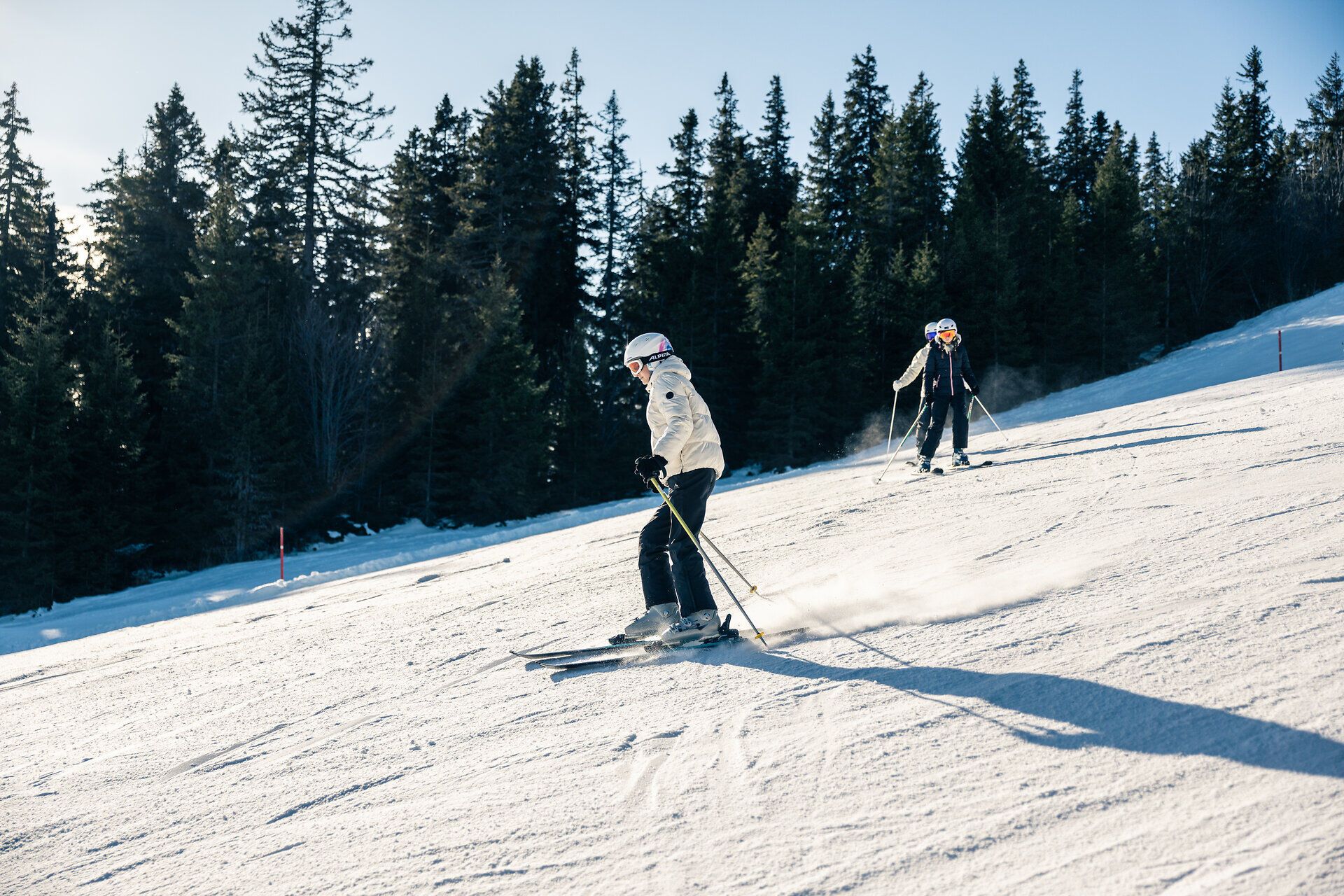 Mehrere Personen mit Skiern auf einer verschneiten Skipiste der Erlebnisalm Mönichkirchen, umgeben von Nadelbäumen und winterlicher Berglandschaft.