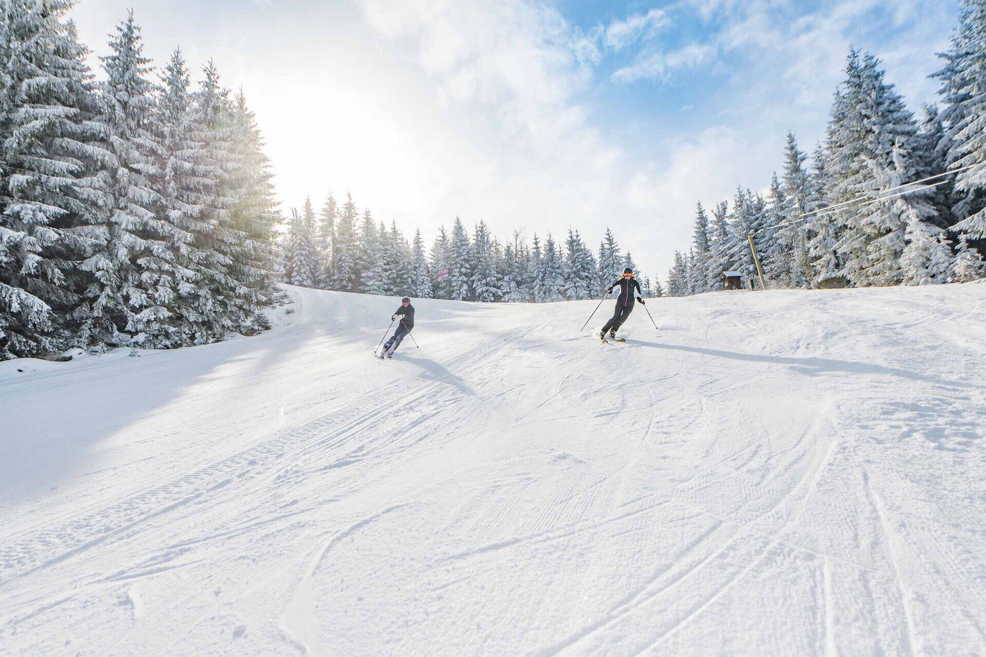 Die glitzernde Schneedecke erstreckt sich über die sanften Hügel, während zwei Skifahrer elegant die Pisten hinuntergleiten. Umgeben von majestätischen, schneebedeckten Tannenbäumen, erleben sie den Winter in seiner reinsten Form und genießen die frische, klare Bergluft.
